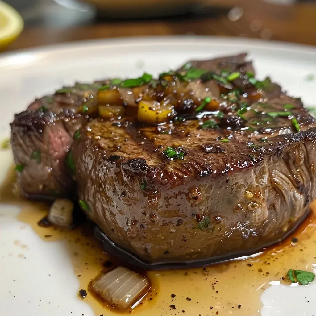 Bife acebolado suculento com cebolas em camada.