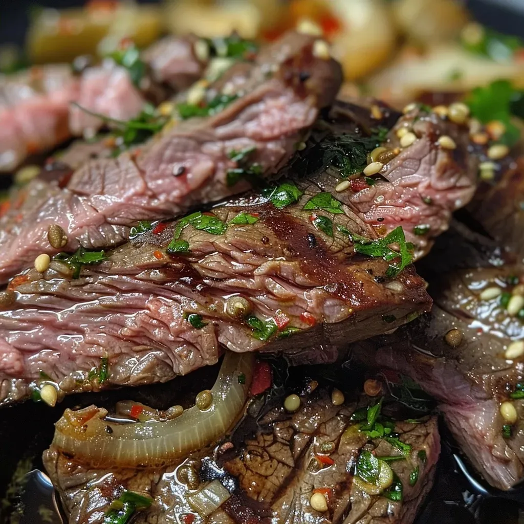 Bifes de peru grelhados com fatias de pera e molho de iogurte.