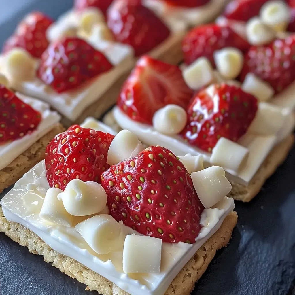 ['Biscoitos de morango com creme em close-up.', 'Biscoitos de morango e chocolate branco vistos lateralmente.', 'Detalhe de biscoitos de morango e creme, frescos e apetitosos.', 'Biscoitos crocantes de morango com pedaços de chocolate branco.']