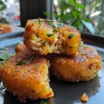 ['Bolinho de atum assado com uma crosta dourada.', 'Close de bolinho de atum assado, mostrando textura suculenta.', 'Bolinho de atum assado em vista lateral, bem dourado.', 'Bolinho de atum assado, com ingredientes visíveis ao fundo.']