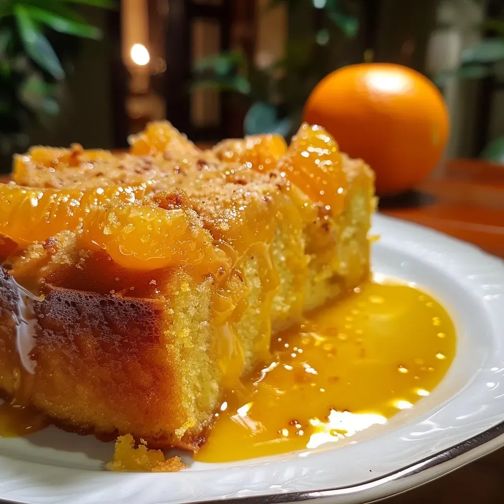 Bolo de amêndoas com laranja e calda de mel em destaque.