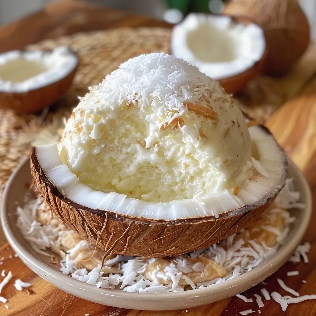 Bolo de Coco Gelado com cobertura de coco em flocos.