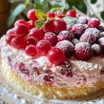 ['Bolo de iogurte com frutas vermelhas em apresentação lateral.', 'Bolo de iogurte coberto com frutas vermelhas suculentas.', 'Vista lateral de um bolo de iogurte com frutas vermelhas.', 'Fatia de bolo de iogurte decorado com frutas vermelhas.']
