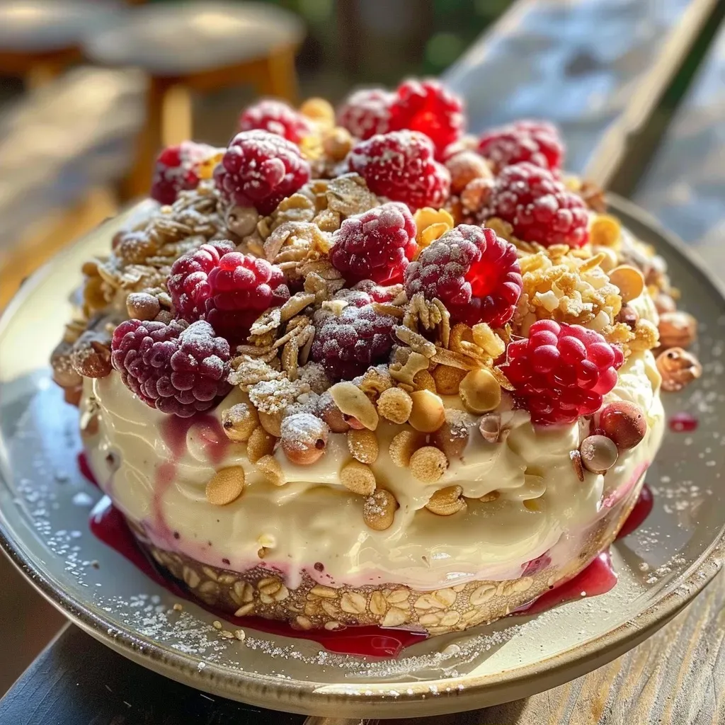 ['Bolo de iogurte com frutas vermelhas em apresentação lateral.', 'Bolo de iogurte coberto com frutas vermelhas suculentas.', 'Vista lateral de um bolo de iogurte com frutas vermelhas.', 'Fatia de bolo de iogurte decorado com frutas vermelhas.']