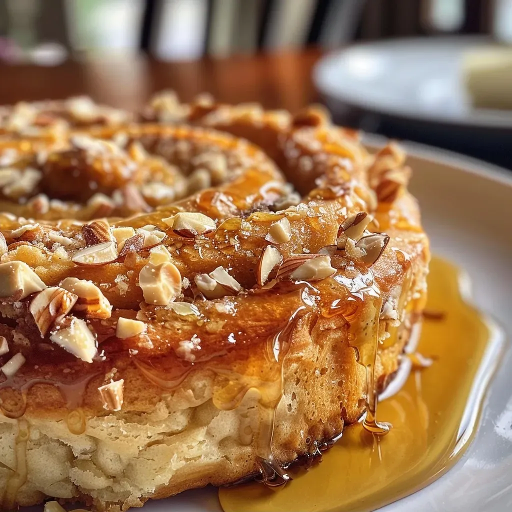Bolo de mel com cobertura dourada e amêndoas.