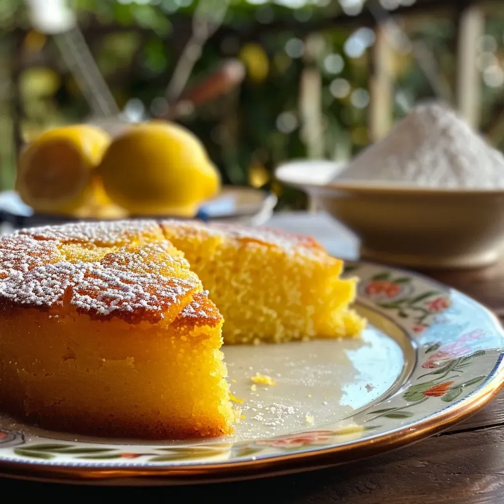 Bolo de Polenta de Limão com textura úmida e macia.