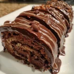 ['Bolo Rolê de Chocolate em close, mostrando o recheio cremoso.', 'Vista lateral do Bolo Rolê de Chocolate, destacando a textura.', 'Bolo Rolê de Chocolate decorado com chocolate derretido.', 'Bolo Rolê de Chocolate cortado em fatias e servido em prato.']
