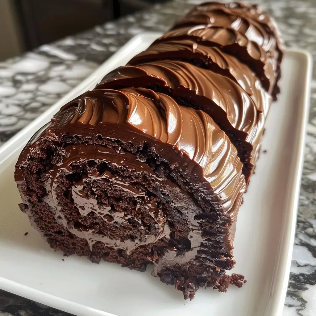 ['Bolo Rolê de Chocolate em close, mostrando o recheio cremoso.', 'Vista lateral do Bolo Rolê de Chocolate, destacando a textura.', 'Bolo Rolê de Chocolate decorado com chocolate derretido.', 'Bolo Rolê de Chocolate cortado em fatias e servido em prato.']
