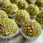 ['Close-up de brigadeiro de pistache com pistachios ao fundo.', 'Brigadeiro de pistache em destaque, com textura cremosa.', 'Bombom de brigadeiro de pistache apresentado em um prato.', 'Brigadeiro envolto em pistachio triturado, com brilho delicioso.']