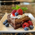 ['Brownies e parfait de iogurte com frutas vermelhas.', 'Camadas de brownies e iogurte grego com morangos e framboesas.', 'Close-up de uma sobremesa de brownies e iogurte com frutas.', 'Parfait de iogurte com brownies e frutas frescas.']