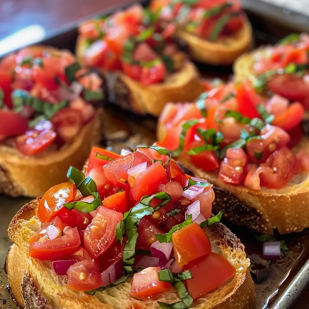 ['Bruschetta com tomates e manjericão sobre pão torrado.', 'Close-up de bruschetta fresca com ingredientes coloridos.', 'Fatias de bruschetta apresentando tomates e ervas frescas.', 'Pão baguete tostado coberto com bruschetta vibrante.']