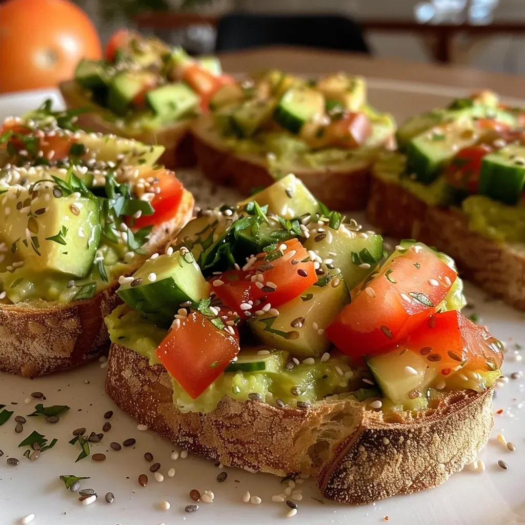 ['Bruschettas de ricota, presunto, abacate e ovo poché em fatias de pão integral.', 'Close-up de bruschettas com ingredientes frescos como ricota e abacate.', 'Fatias de bruschetta cobertas com ricota, presunto, abacate e ovo poché.', 'Seleção de bruschettas coloridas com ovo poché e toques de pimentão doce.']
