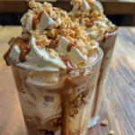 ['Copo de café gelado e cremoso com camadas de leite e xarope de caramelo.', 'Bebida de café gelado com chantilly, gelo e calda de caramelo.', 'Close-up de café gelado cremoso, com espuma de leite por cima.', 'Café gelado servido em copo com gelo e leite, apresentando xarope de caramelo.']