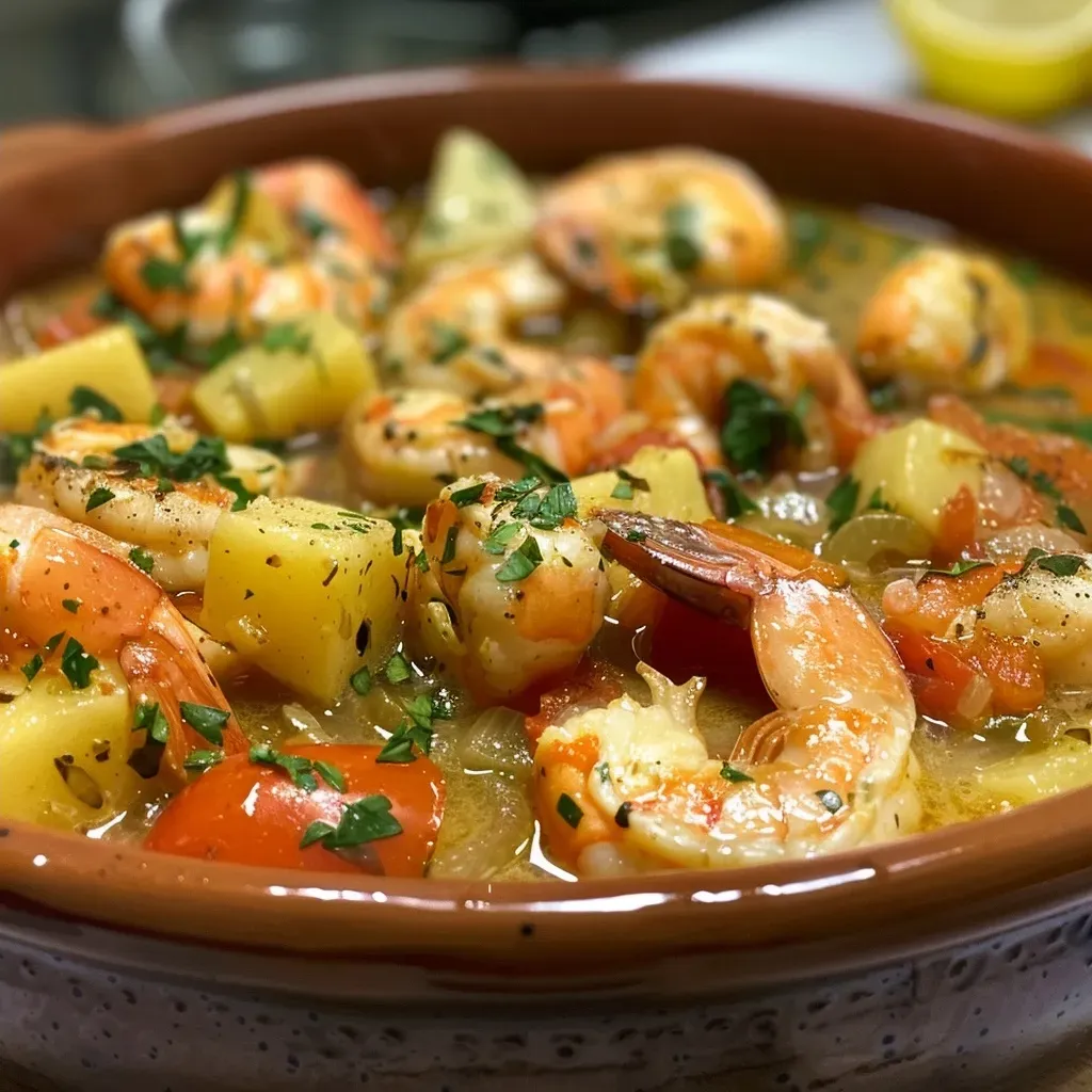 ['Caldeirada de frutos do mar, com peixes, camarões e temperos coloridos.', 'Close up de uma caldeirada de frutos do mar, mostrando os ingredientes frescos.', 'Prato de caldeirada de frutos do mar, com camada de peixe, camarão e legumes.', 'Imagem de caldeirada de frutos do mar, destacando cores vibrantes e texturas.']