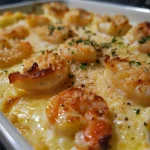 ['Prato de camarão gratinado com molho de queijos e arroz de brócolis.', 'Close-up de camarões cobertos por molho cremoso e queijo.', 'Camarão com molho de queijos gratinado ao lado de arroz cremoso.', 'Prato delicioso de camarão com queijo e acompanhamento de brócolis.']