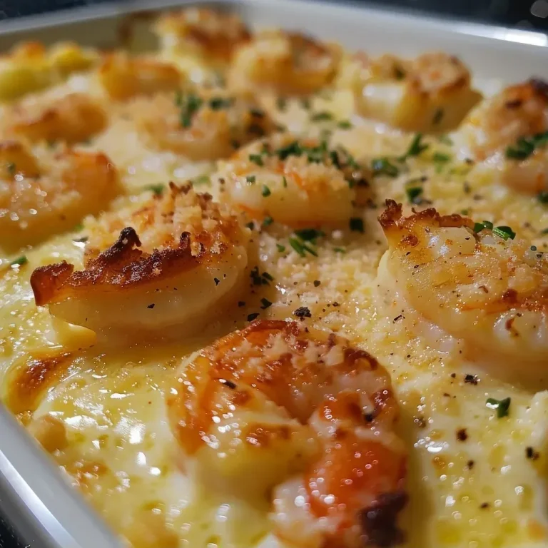 ['Prato de camarão gratinado com molho de queijos e arroz de brócolis.', 'Close-up de camarões cobertos por molho cremoso e queijo.', 'Camarão com molho de queijos gratinado ao lado de arroz cremoso.', 'Prato delicioso de camarão com queijo e acompanhamento de brócolis.']
