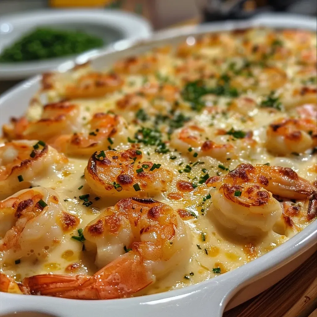 ['Prato de camarão gratinado com molho de queijos e arroz de brócolis.', 'Close-up de camarões cobertos por molho cremoso e queijo.', 'Camarão com molho de queijos gratinado ao lado de arroz cremoso.', 'Prato delicioso de camarão com queijo e acompanhamento de brócolis.']