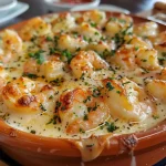 ['Close-up de camarão gratinado coberto com molho de queijos.', 'Camarões gratinados com uma camada de queijos derretidos.', 'Prato de camarão ao molho cremoso de quatro queijos.', 'Porção de camarão gratinado com queijos variados.']