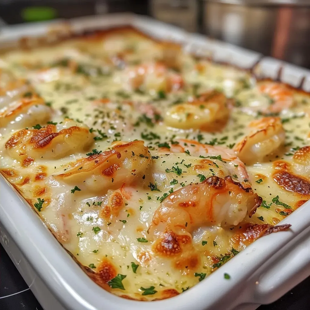 ['Close-up de camarão gratinado coberto com molho de queijos.', 'Camarões gratinados com uma camada de queijos derretidos.', 'Prato de camarão ao molho cremoso de quatro queijos.', 'Porção de camarão gratinado com queijos variados.']