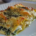 ['Canelone cremoso de espinafre com queijo em uma travessa.', 'Close-up de canelone recheado com espinafre e queijo.', 'Prato de canelone cremoso de espinafre com molho por cima.', 'Canelone de espinafre e queijo, servido em uma mesa.']