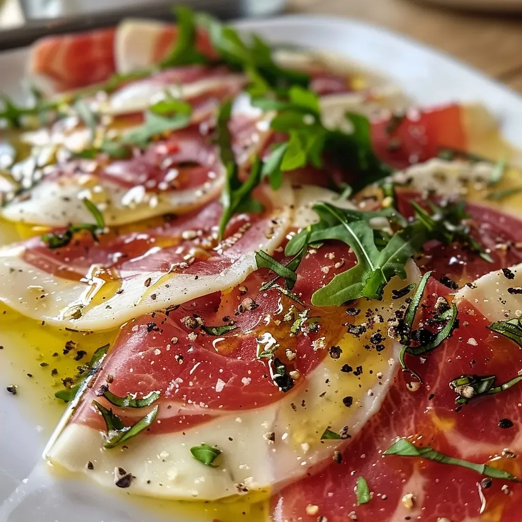 ['Carpaccio de beterraba com queijo de cabra e nozes em um prato.', 'Prato de carpaccio de beterraba decorado com queijo e nozes.', 'Close-up de carpaccio de beterraba com queijo de cabra fresco.', 'Carpaccio à base de beterraba, queijo de cabra e nozes em um fundo elegante.']
