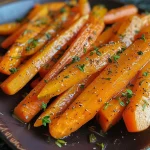 ['Cenouras assadas com mel e tomilho, com textura suculenta.', 'Close de cenouras caramelizadas com mel, destacando as ervas.', 'Prato de cenouras assadas, com brilho do mel e a cor vibrante.', 'Cenouras com um toque de tomilho, apresentadas em uma superfície rústica.']