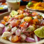 ['Close-up de ceviche de manga com ingredientes frescos.', 'Ceviche de manga em um prato, com ervas e limão.', 'Vista lateral de ceviche de manga, colorido e apetitoso.', 'Prato de ceviche de manga com cebola roxa e ervas.']