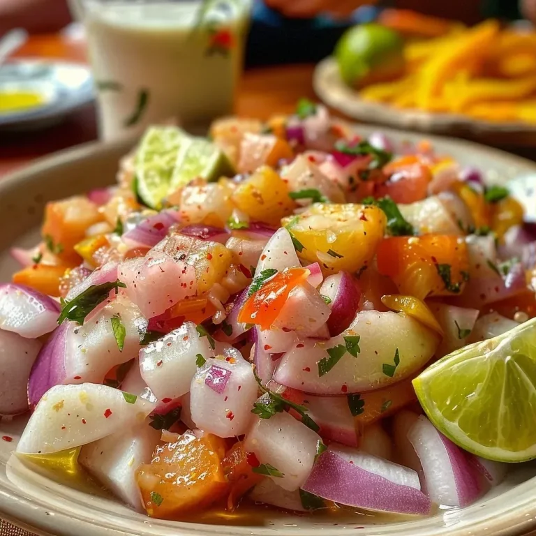 ['Close-up de ceviche de manga com ingredientes frescos.', 'Ceviche de manga em um prato, com ervas e limão.', 'Vista lateral de ceviche de manga, colorido e apetitoso.', 'Prato de ceviche de manga com cebola roxa e ervas.']
