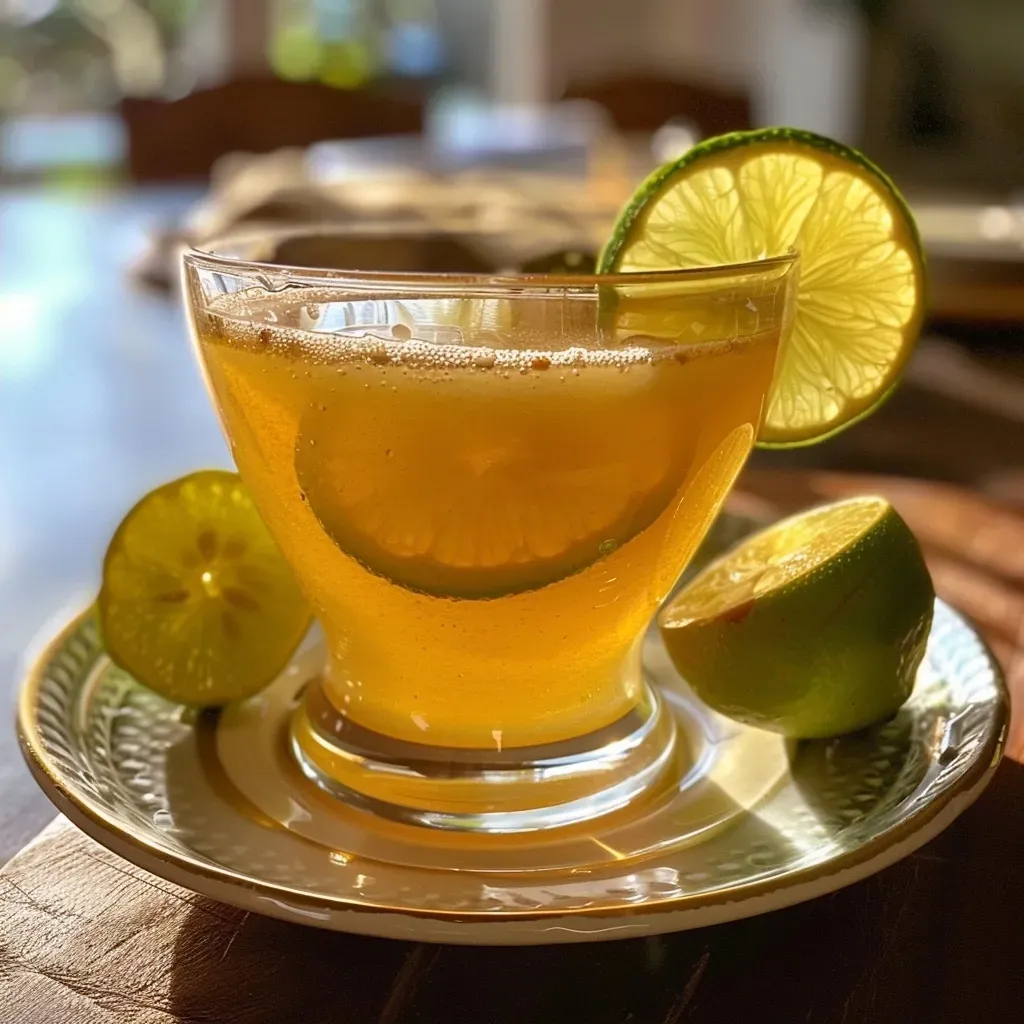 ['Chá de limão com mel e gengibre em um copo transparente, decorado com rodelas de limão.', 'Close de uma bebida quente de chá de limão, mel e gengibre, com fatias de gengibre ao lado.', 'Copo de chá de limão, mel e gengibre, com vapor subindo e rodelas de limão decorativas.', 'Imagem lateral de chá de limão com mel e gengibre, mostrando ingredientes frescos ao fundo.']