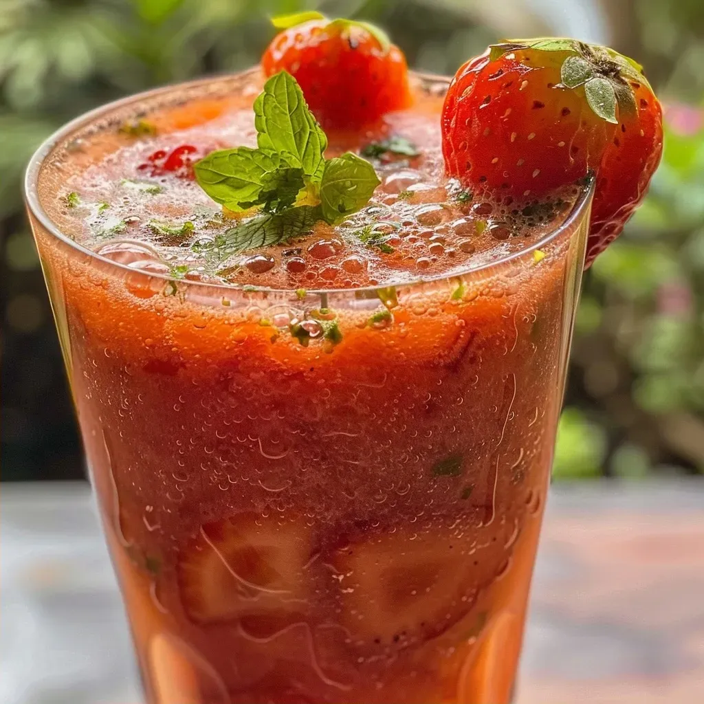 Chá de morango refrescante em um copo com morangos ao fundo.