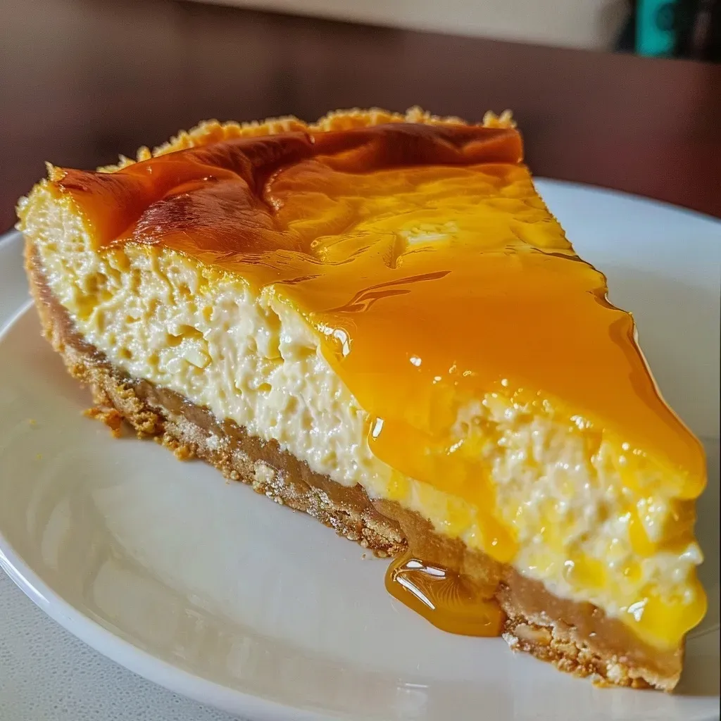Cheesecake de maracuyá com textura cremosa e coberto com polpa da fruta.