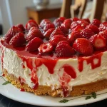 ['Cheesecake de morango com cobertura de morangos frescos.', 'Fatia de cheesecake de morango em primeiro plano.', 'Detalhe de cheesecake de morango com base de biscoitos.', 'Cheesecake de morango em um prato decorado.']