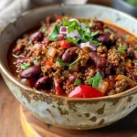['Prato de Chili Con Carne fácil com carne moída e feijão vermelho.', 'Close de uma tigela de Chili Con Carne suculento.', 'Chili Con Carne em uma mesa, com ingredientes visíveis ao redor.', 'Porção generosa de Chili Con Carne com decoração de salsa.']