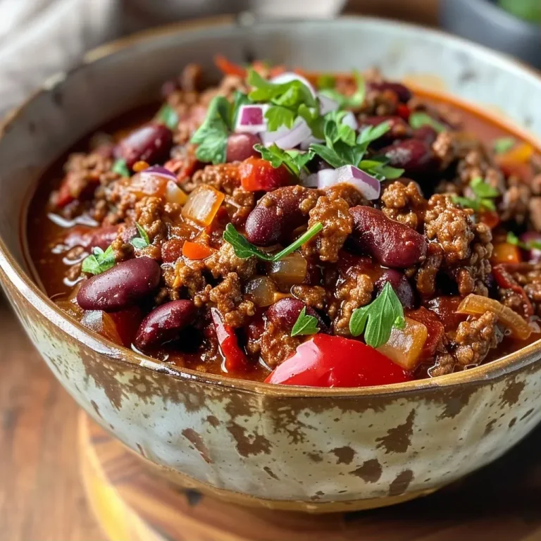 ['Prato de Chili Con Carne fácil com carne moída e feijão vermelho.', 'Close de uma tigela de Chili Con Carne suculento.', 'Chili Con Carne em uma mesa, com ingredientes visíveis ao redor.', 'Porção generosa de Chili Con Carne com decoração de salsa.']
