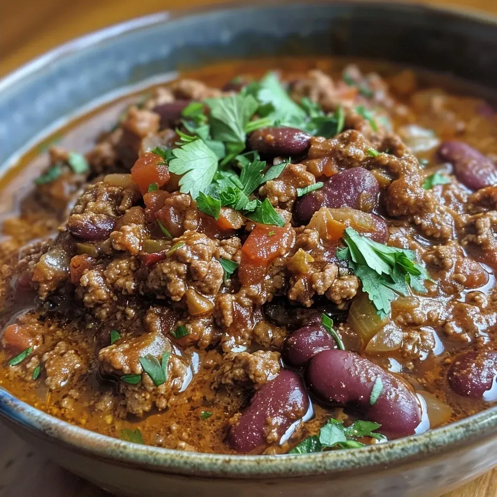 Prato de Chili Con Carne fácil com carne moída e feijão vermelho.
