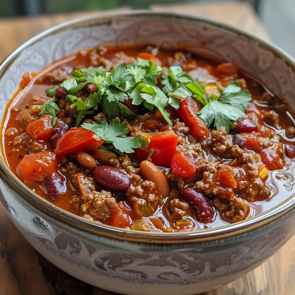 Prato de Chili Con Carne colorido e apetitoso.