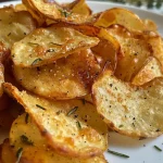 ['Chips de abobrinha crocantes em uma assadeira.', 'Fatias de abobrinha assadas, douradas e crocantes.', 'Close de chips de abobrinha no forno, prontos para servir.', 'Porção de chips de abobrinha frescos e saborosos.']