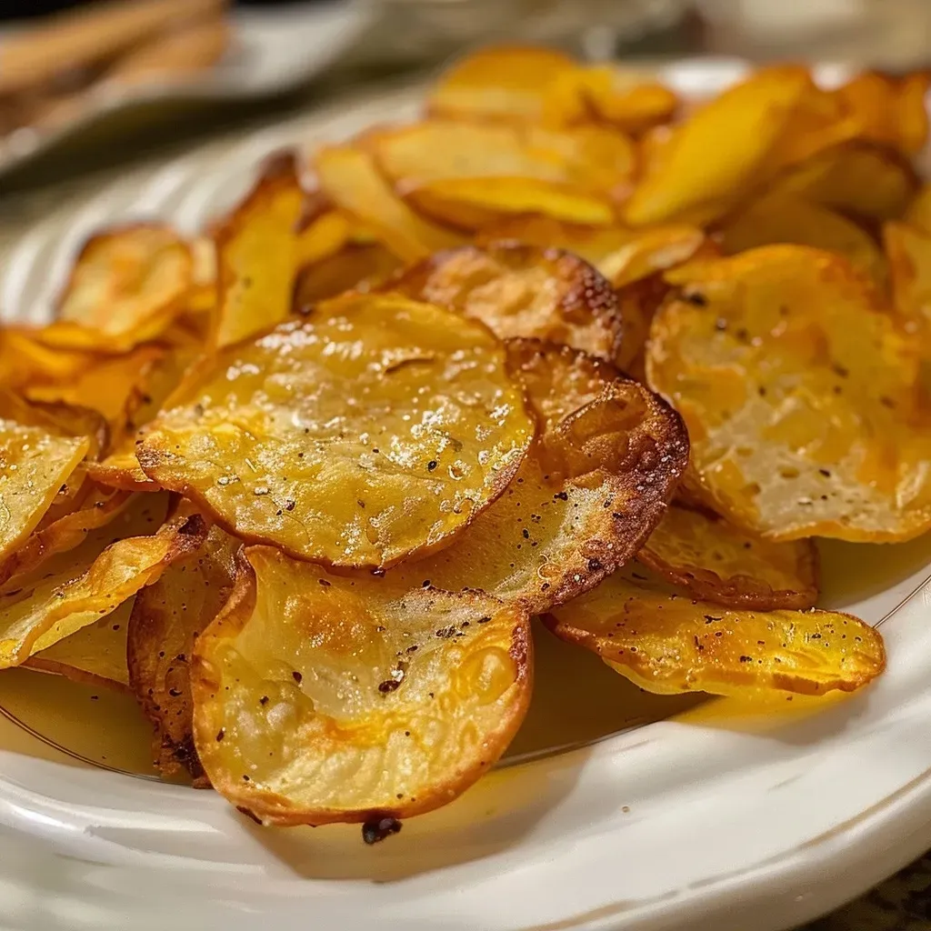 ['Chips de abobrinha crocantes em uma assadeira.', 'Fatias de abobrinha assadas, douradas e crocantes.', 'Close de chips de abobrinha no forno, prontos para servir.', 'Porção de chips de abobrinha frescos e saborosos.']