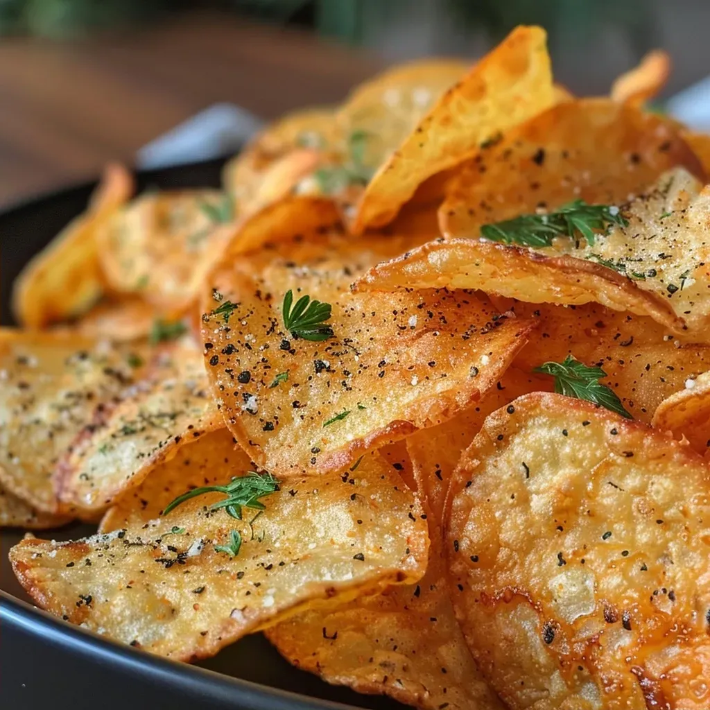 ['Chips de abobrinha crocantes em uma tábua de madeira.', 'Close de chips de abobrinha dourados, prontos para serem saboreados.', 'Porção de chips de abobrinha em uma tigela, com temperos ao redor.', 'Chips de abobrinha saudáveis e coloridos dispostos em um prato.']
