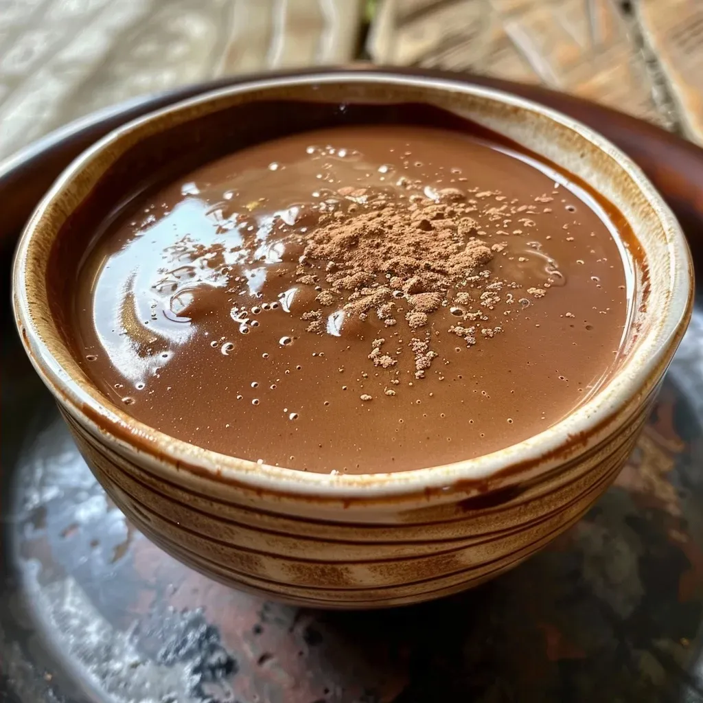 ['Chocolate quente cremoso em uma caneca, com espuma no topo.', 'Close de chocolate quente cremoso com decoração de chocolate.', 'Caneca de chocolate quente cremoso, com vapor visível saindo.', 'Bebida de chocolate quente cremoso com creme de leite por cima.']