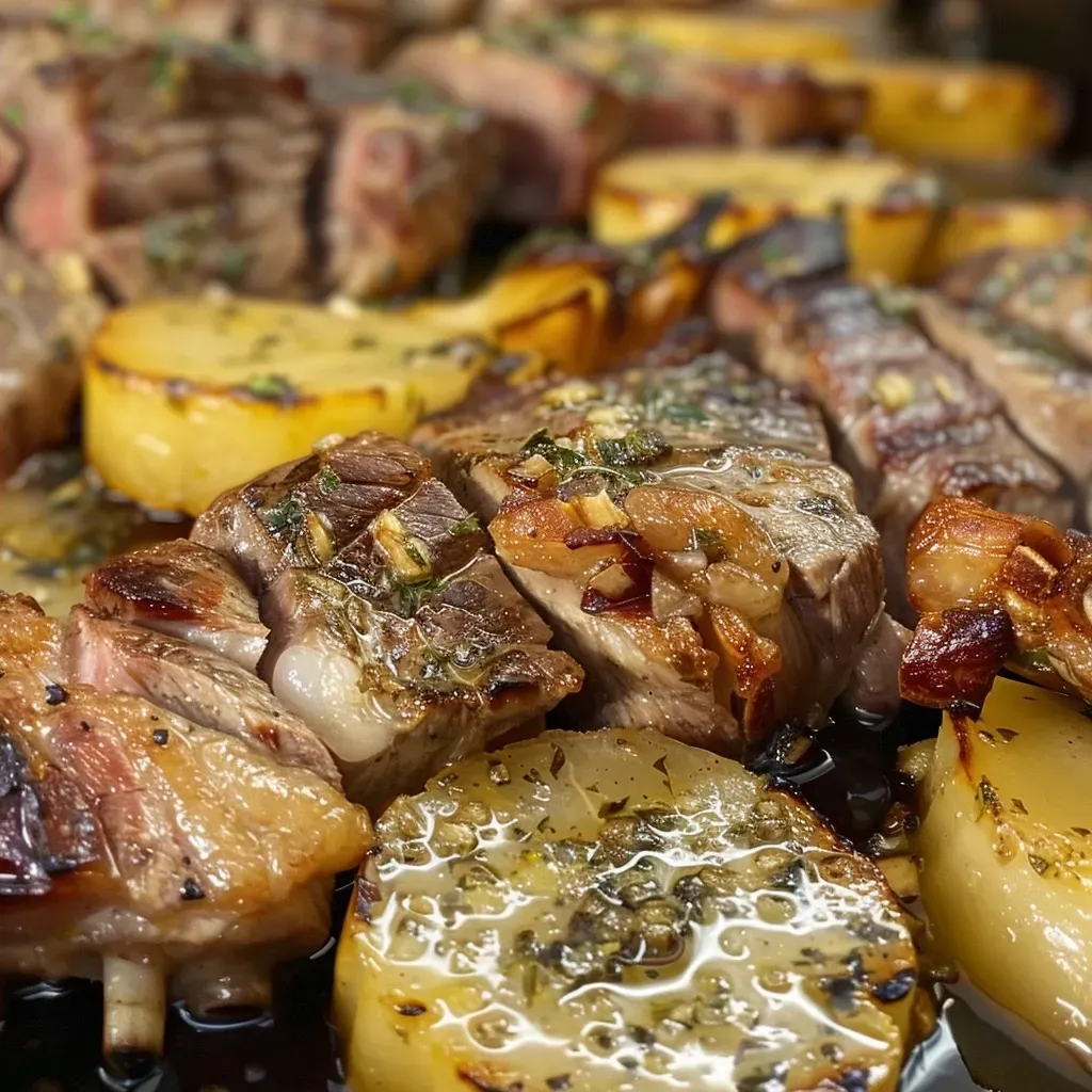 Costela bovina assada lentamente ao lado de mandioca amanteigada.