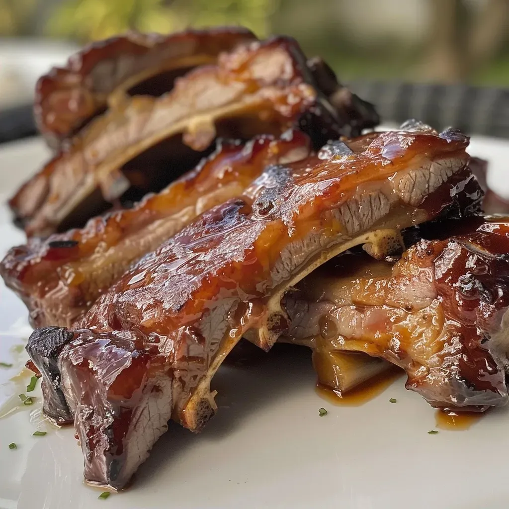 ['Costelinha ao Barbecue suculenta, vista lateral.', 'Close-up de costelinha de porco ao molho barbecue.', 'Costela de porco grelhada com molho barbecue.', 'Costelinha ao Barbecue com aparência convidativa.']