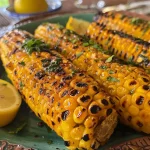 ['Costelinha de milho suculenta em close, com temperos visíveis.', 'Costelinha de milho ao lado de ingredientes como sal e pimenta.', 'Imagem de costelinha de milho com manteiga derretida e especiarias.', 'Costelinha de milho bem temperada, mostrando sua textura apetitosa.']