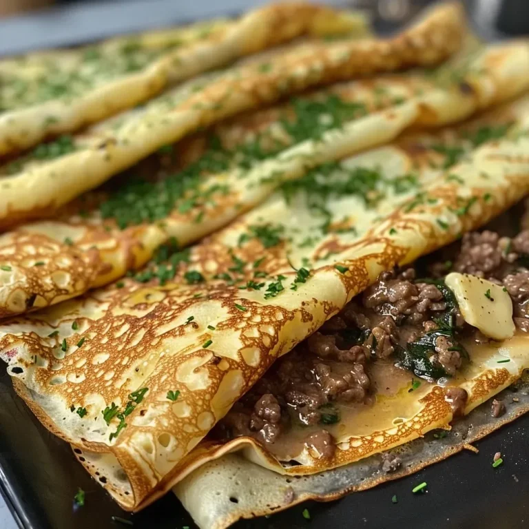 ['Close-up de crêpes recheados com carne e espinafre.', 'Crêpes suculentos com recheio de carne moída e espinafre.', 'Crêpes prontos, mostrando o delicioso recheio de carne e espinafre.', 'Lado de crêpes recheados, evidenciando os ingredientes frescos.']