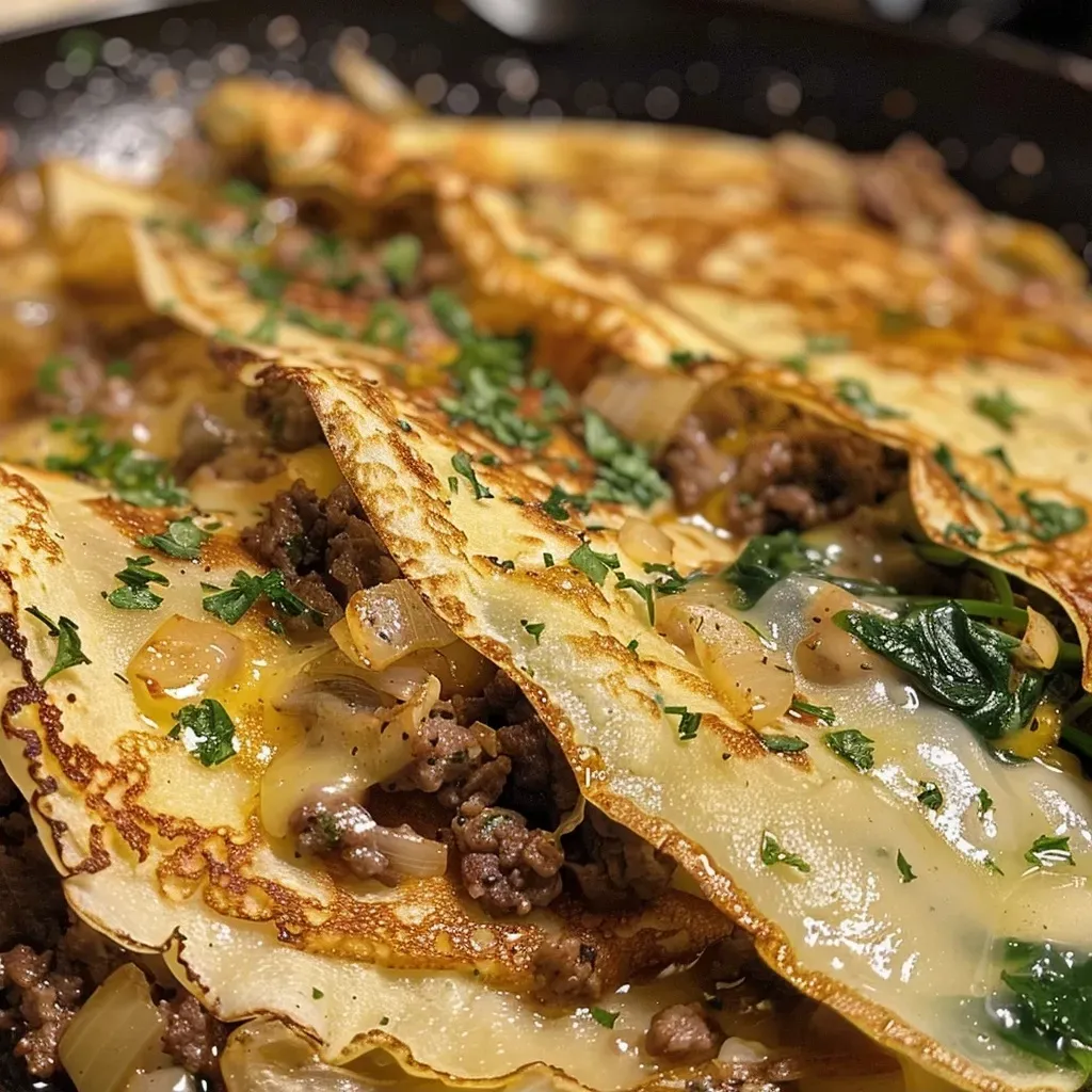 Close-up de crêpes recheados com carne e espinafre.