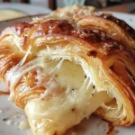 ['Croissant recheado com presunto e queijo, visto de lado.', 'Close-up de croissant com recheio suculento de presunto e queijo.', 'Croissant dourado e recheado com presunto e queijo, em ângulo lateral.', 'Detalhe de croissant recheado com presunto fatiado e queijo derretido.']