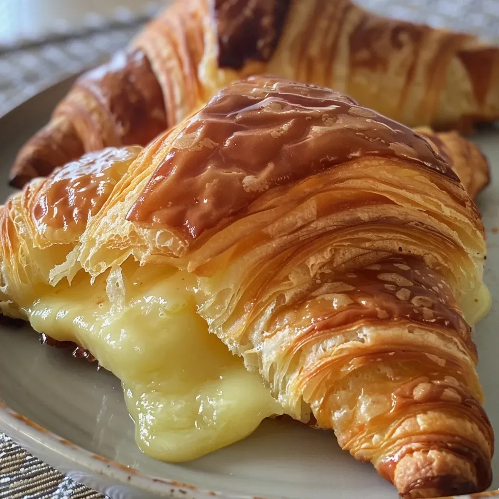 ['Croissant recheado com presunto e queijo, visto de lado.', 'Close-up de croissant com recheio suculento de presunto e queijo.', 'Croissant dourado e recheado com presunto e queijo, em ângulo lateral.', 'Detalhe de croissant recheado com presunto fatiado e queijo derretido.']
