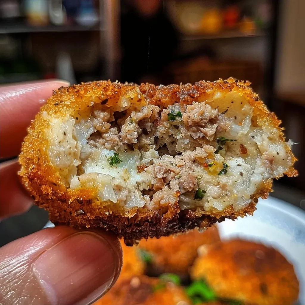 ['Croquete de carne moída com aparência suculenta e dourada.', 'Close de croquetes de carne com textura crocante.', 'Croquete de carne moída em vista lateral, com detalhe da crosta.', 'Porção de croquetes de carne moída com brilho apetitoso.']