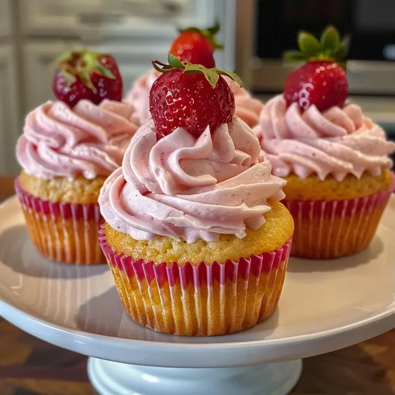 ['Cupcakes veganos de morango com cobertura rosa.', 'Close de cupcakes de morango decorados, veganos.', 'Vista lateral de cupcakes veganos de morango com frosting.', 'Deliciosos cupcakes veganos de morango em uma bandeja.']