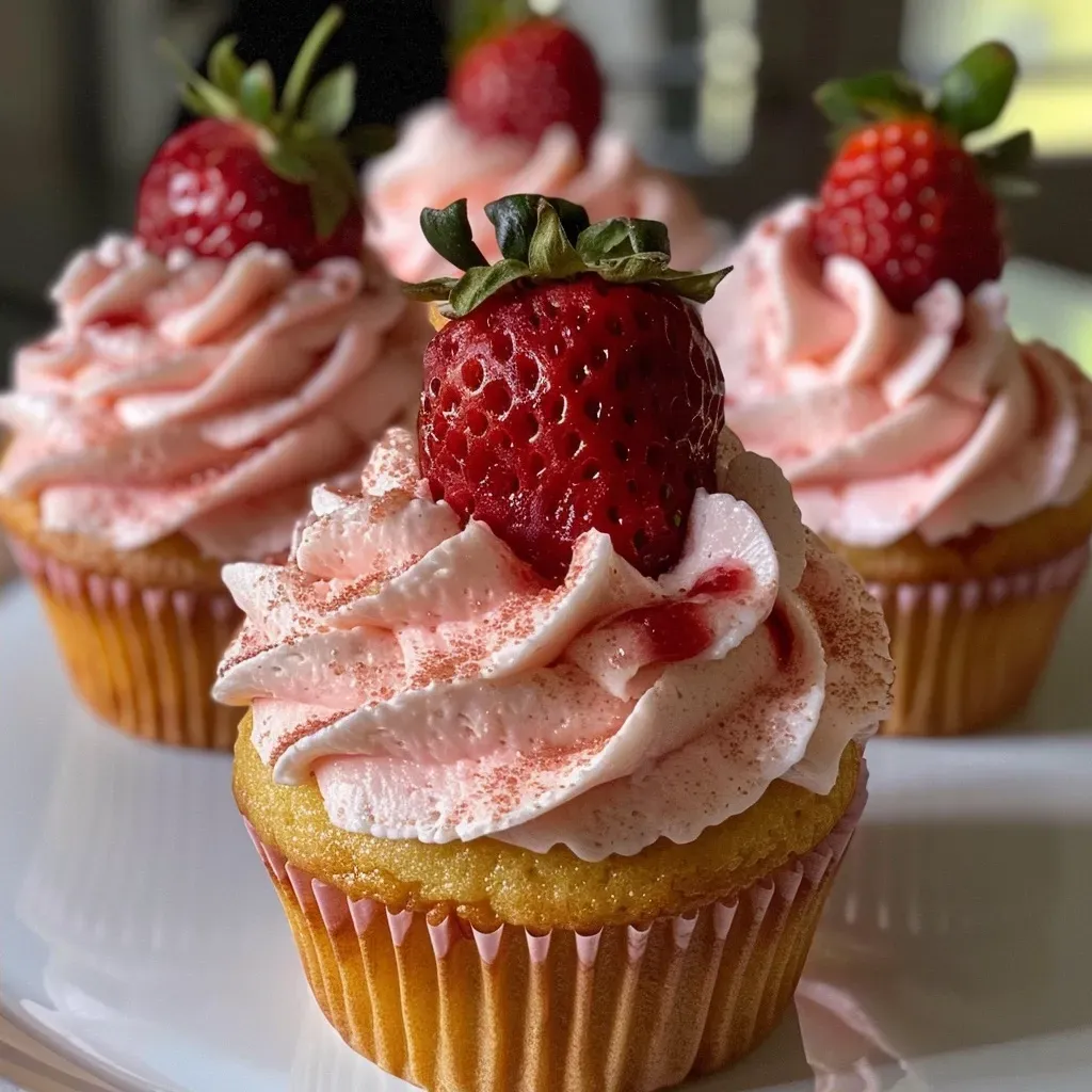 ['Cupcakes veganos de morango com cobertura rosa.', 'Close de cupcakes de morango decorados, veganos.', 'Vista lateral de cupcakes veganos de morango com frosting.', 'Deliciosos cupcakes veganos de morango em uma bandeja.']